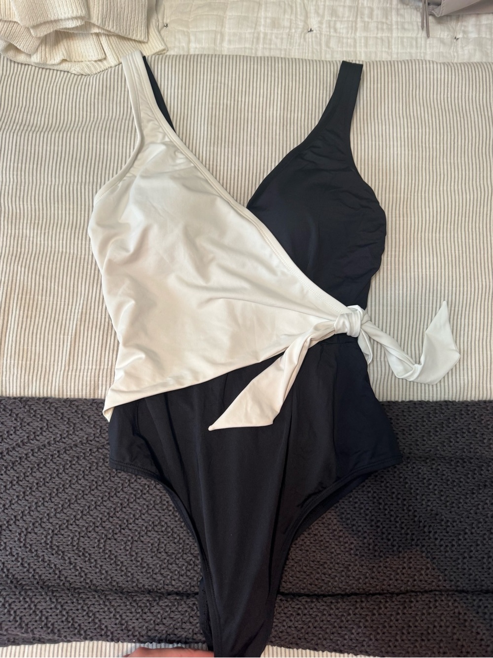 M&S Black One-Piece Swimsuit with Cream Overlay Tie